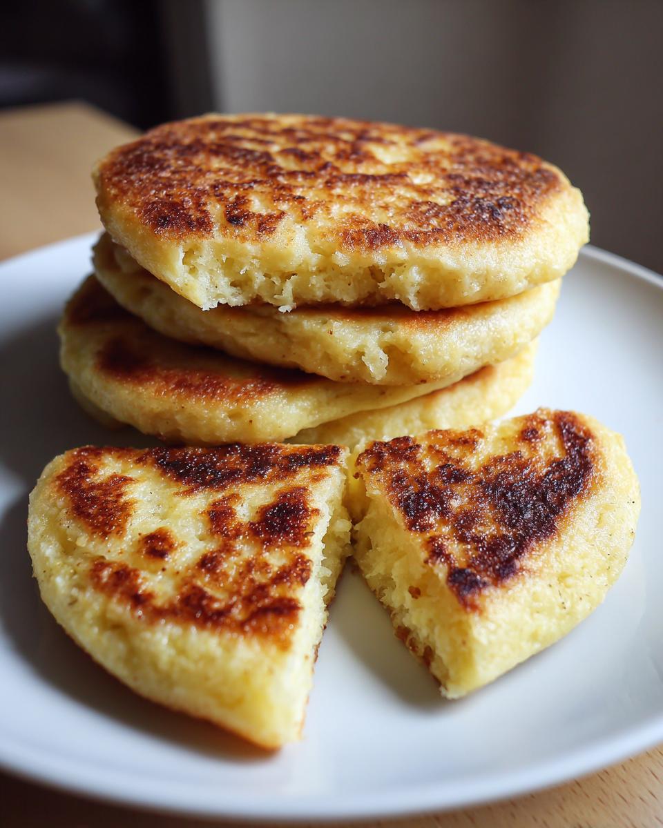 A stack of golden brown, pan-fried irish potato farls, with one cut in half to show the fluffy interior.