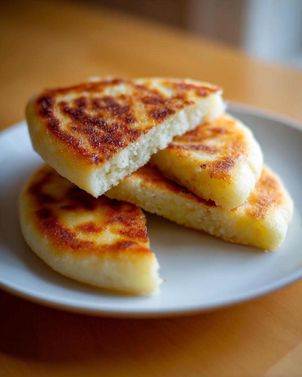 Close-up of three golden brown, pan-fried irish potato farls stacked on a white plate.
