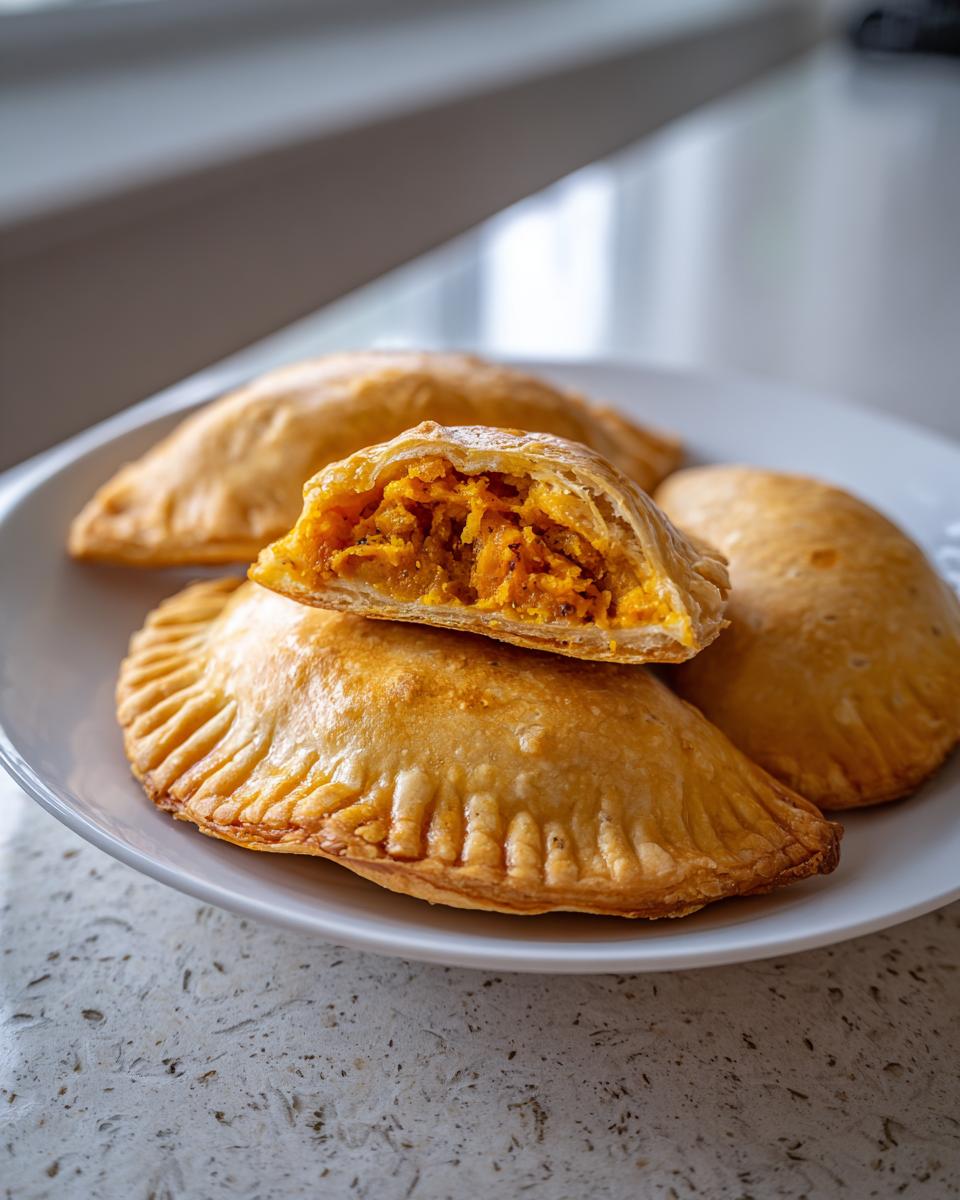 Close-up of golden baked pumpkin empanadas, one cut open to show the spiced pumpkin filling.