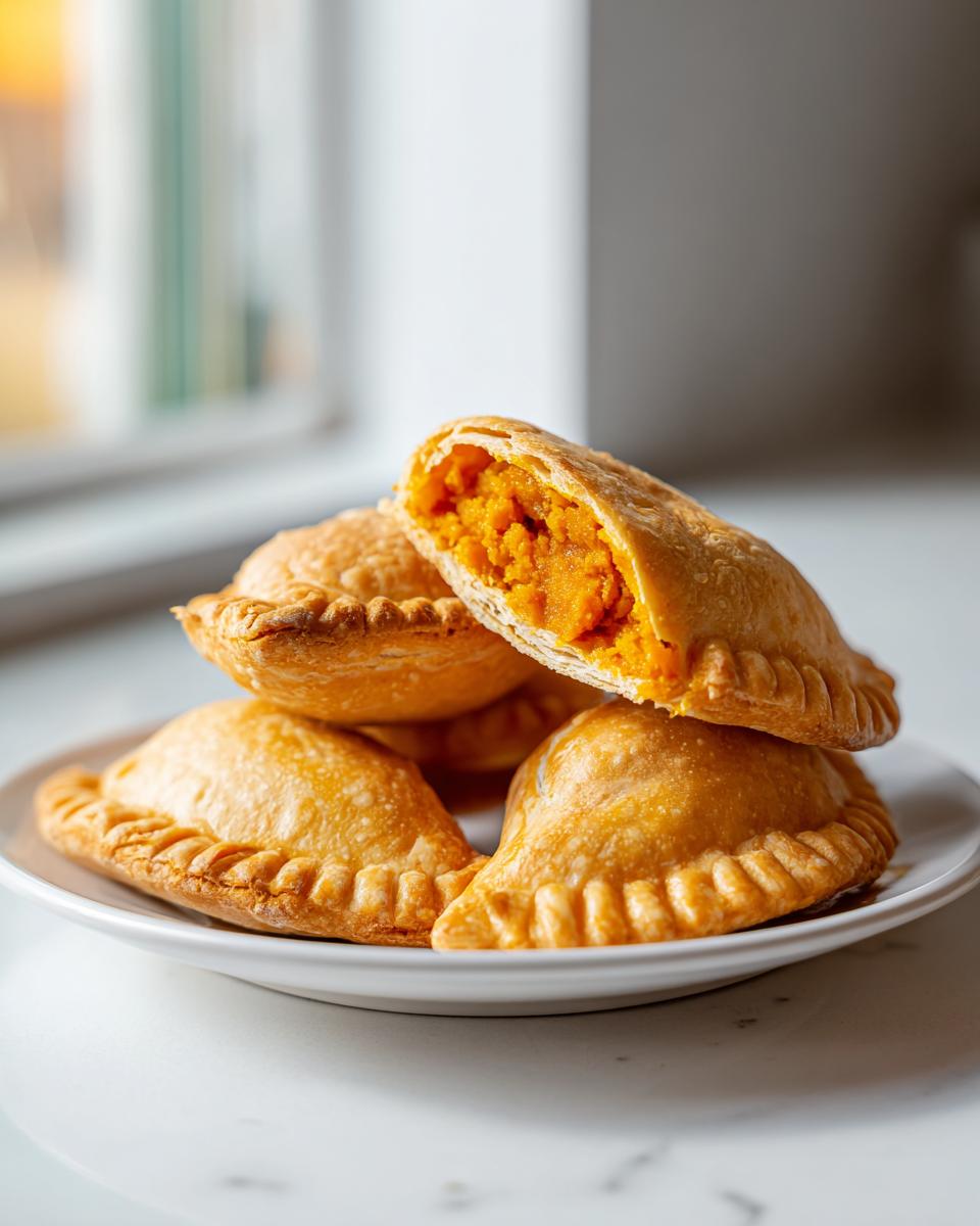A stack of golden baked pumpkin empanadas on a white plate, one cut open revealing the orange pumpkin filling.