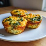 Three golden-brown spinach and cheese egg muffin cups served on a white plate.