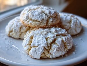 Four soft, crinkled gooey butter cookies heavily dusted with white powdered sugar resting on a white plate.