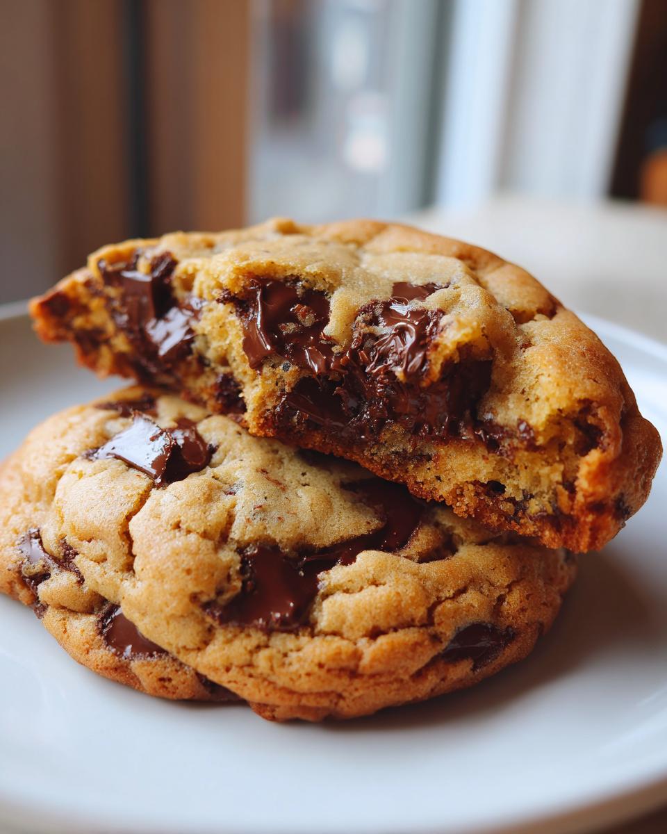 Close-up of two thick levain bakery chocolate chip cookies, one broken open showing melted chocolate chunks.