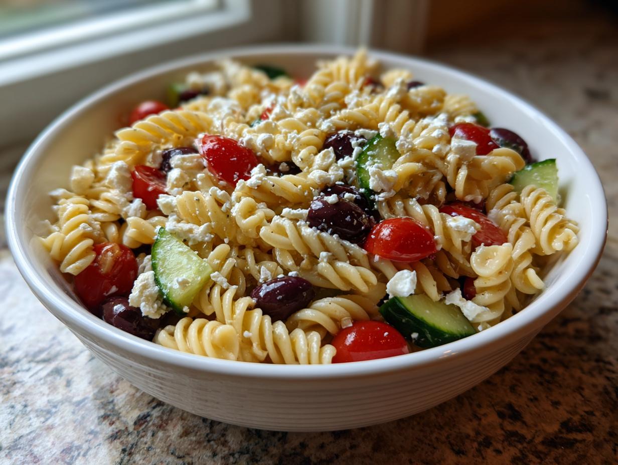 Close-up of a vibrant greek pasta salad featuring rotini pasta, cherry tomatoes, cucumbers, olives, and feta cheese.