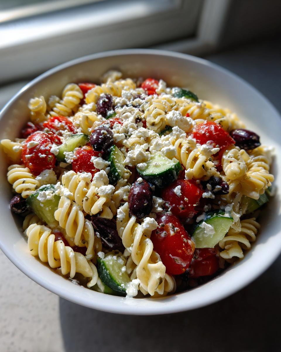 Close-up of a bowl of vibrant greek pasta salad featuring rotini pasta, cherry tomatoes, cucumbers, olives, and feta cheese.