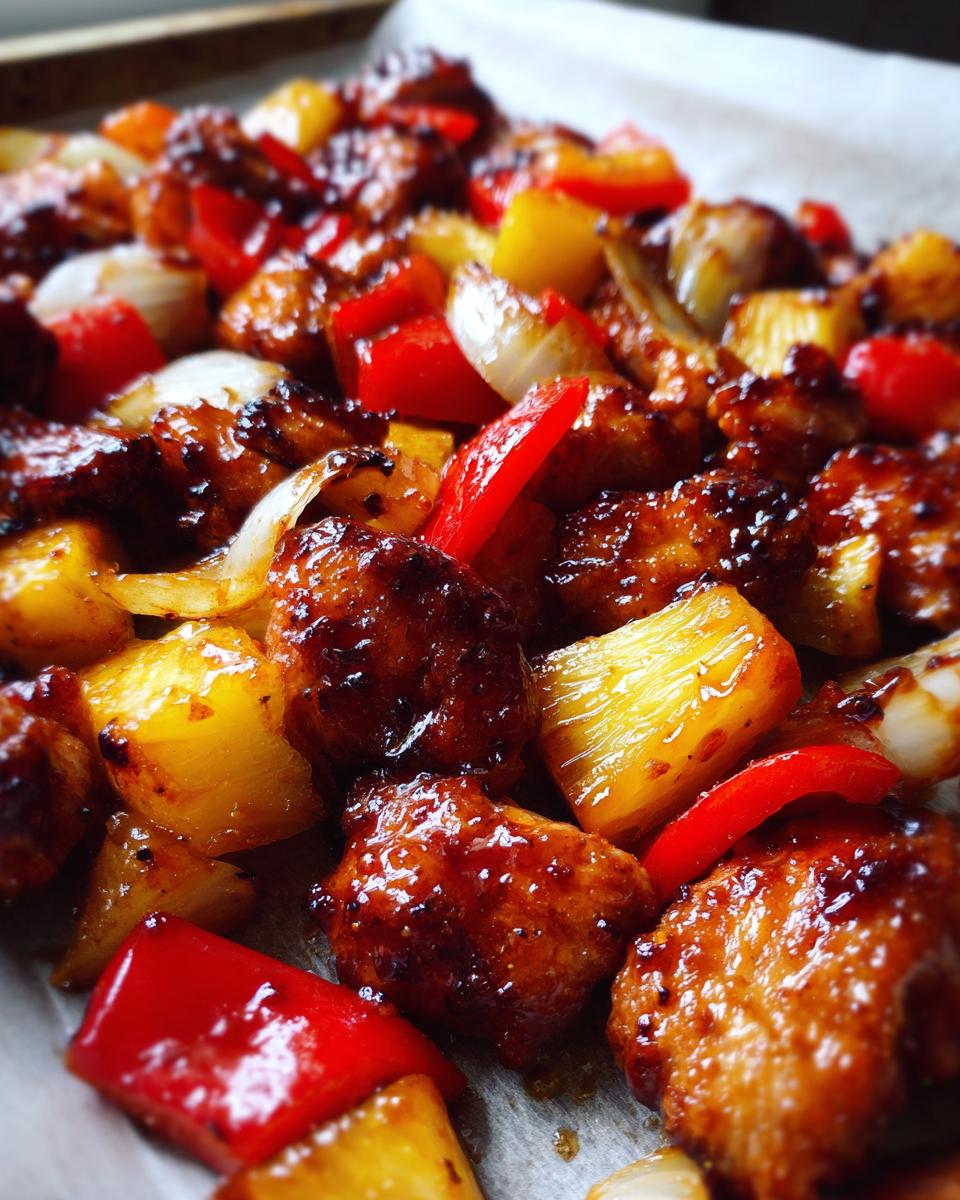 Close-up of glazed chicken pieces mixed with pineapple, red peppers, and onions from the Hawaiian chicken sheet pan.