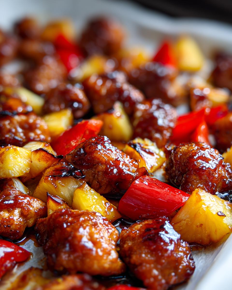 Close-up of glistening, glazed chicken pieces mixed with chunks of pineapple and red bell pepper from the Hawaiian chicken sheet pan.