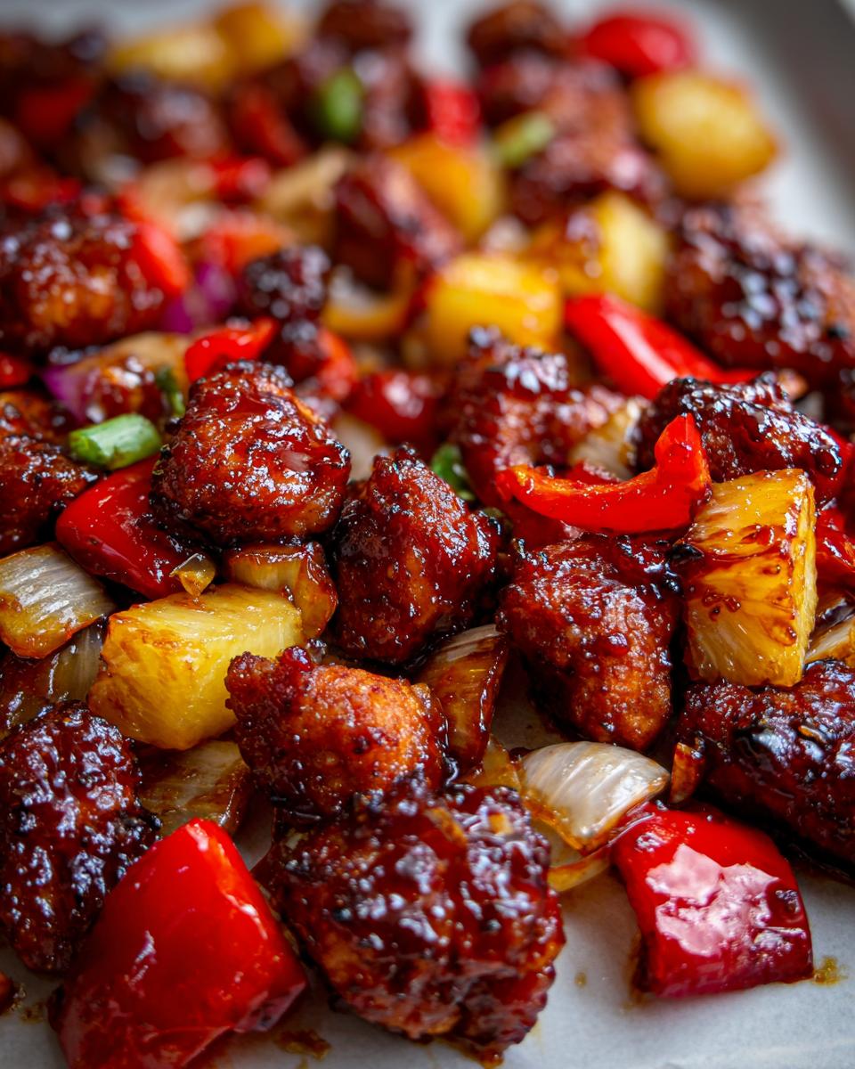 Close-up of sticky, glazed chunks of Hawaiian chicken mixed with pineapple, red peppers, and onions.