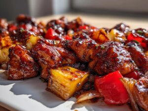 Close-up of sticky, glazed chicken pieces mixed with caramelized pineapple chunks and bright red bell peppers from the Hawaiian chicken sheet pan.