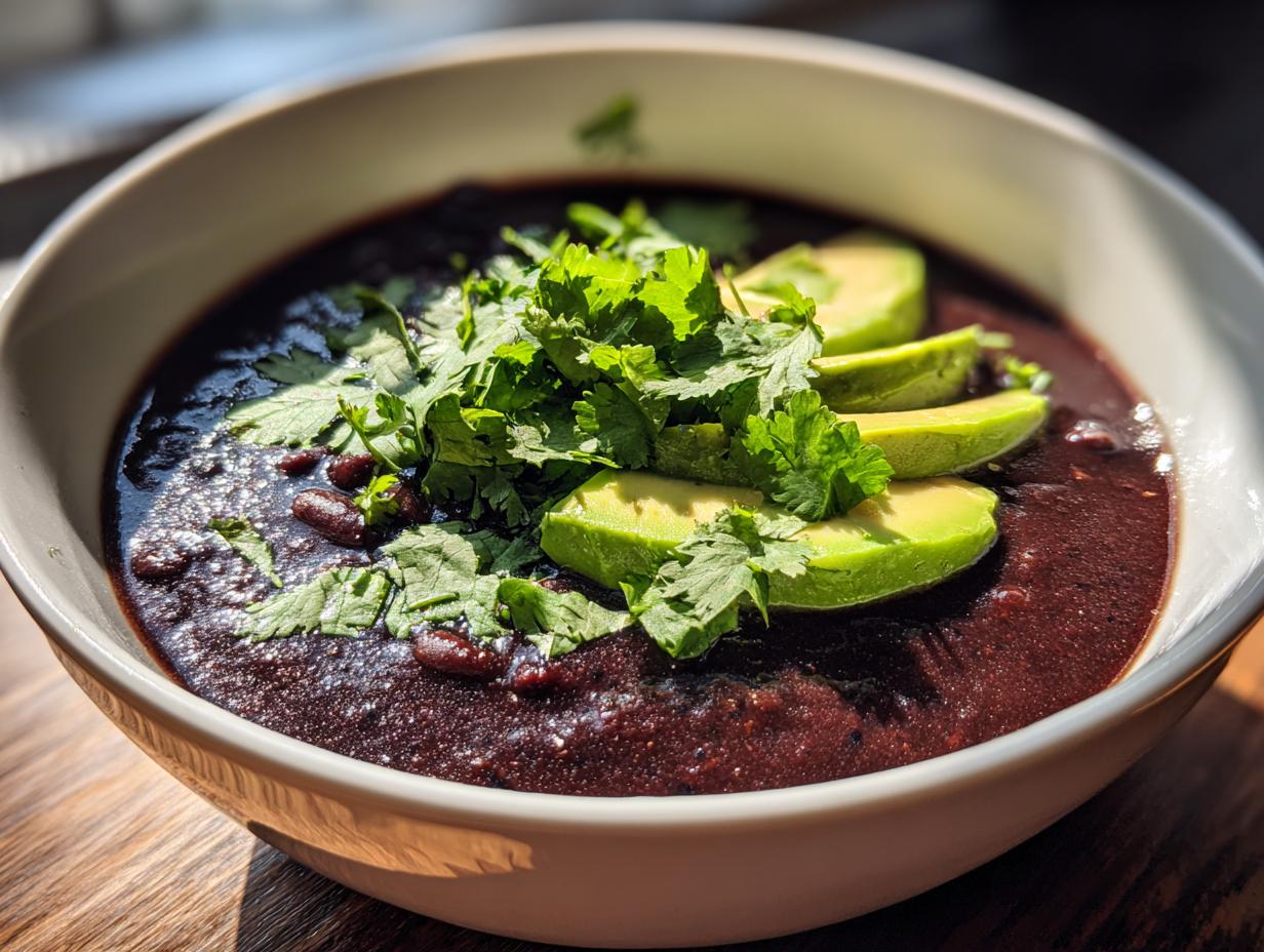 A close-up of a bowl of rich, dark black bean soup garnished with fresh cilantro and sliced avocado.