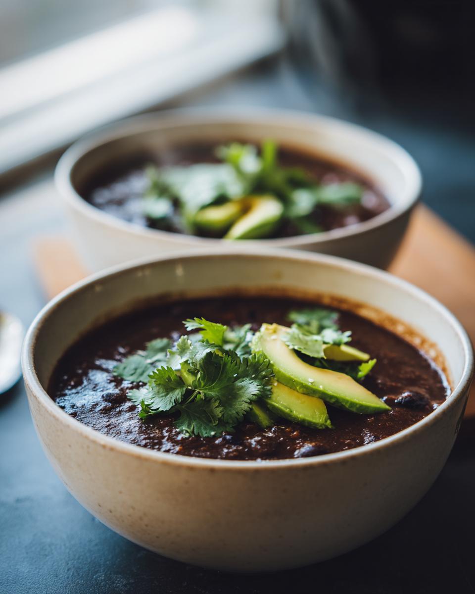 Close-up of a hearty black bean soup topped with fresh cilantro and sliced avocado in a rustic bowl.