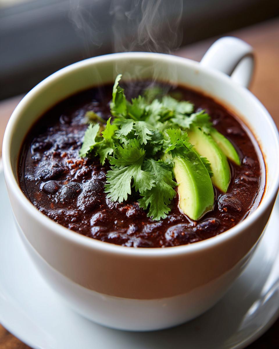 Close-up of a steaming bowl of hearty black bean soup topped with fresh cilantro and sliced avocado.