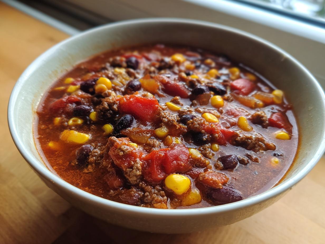 Close-up of a steaming bowl of rich crockpot cowboy soup filled with ground beef, corn, black beans, and tomatoes.