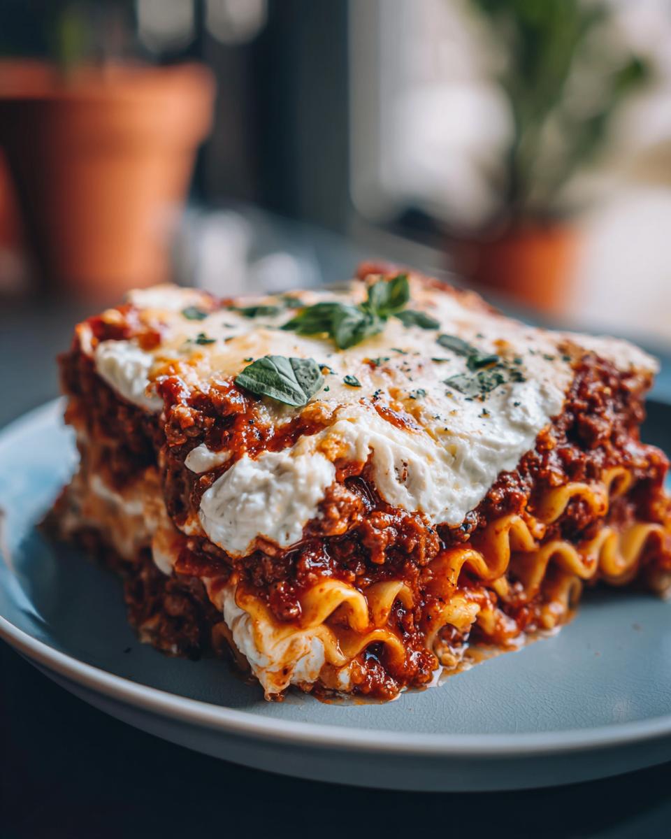Close-up of a hearty slice of skillet lasagna showing layers of meat sauce, ricotta, and wavy noodles, topped with basil.