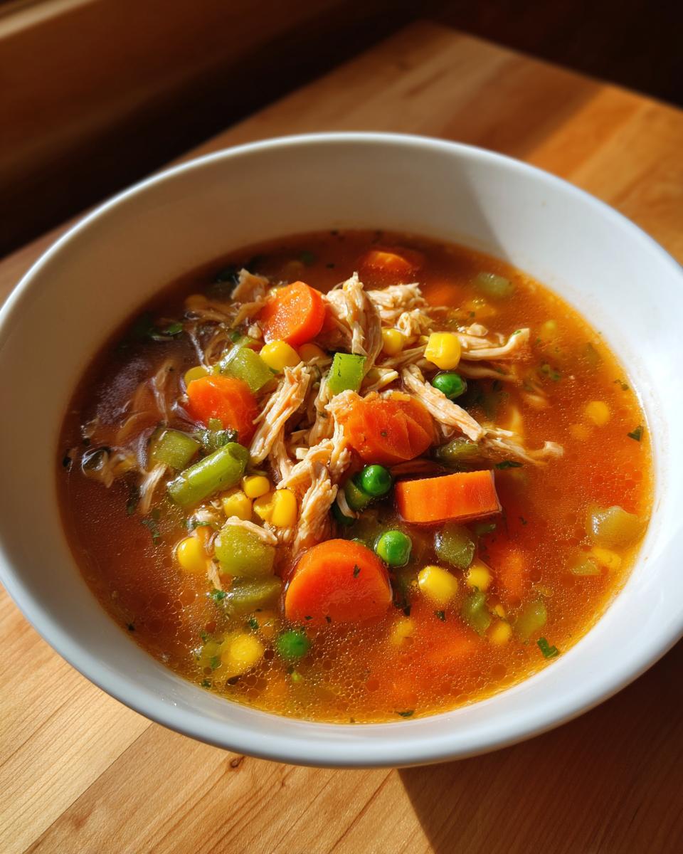 Close-up of a white bowl filled with rich chicken vegetable soup, featuring shredded chicken, carrots, peas, and corn.