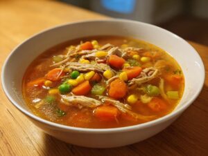 A close-up of a hearty bowl of chicken vegetable soup, featuring shredded chicken, carrots, corn, and peas in a rich broth.
