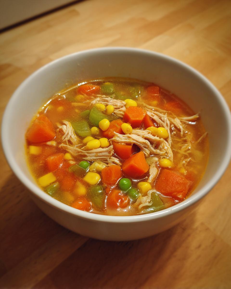 A close-up of a hearty bowl of chicken vegetable soup, featuring shredded chicken, carrots, corn, and peas.
