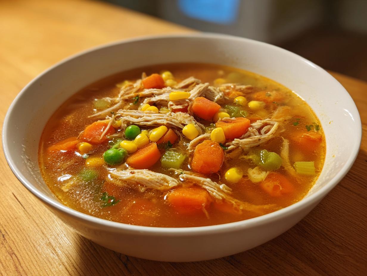 A close-up of a hearty bowl of chicken vegetable soup, featuring shredded chicken, carrots, corn, and peas in a rich broth.