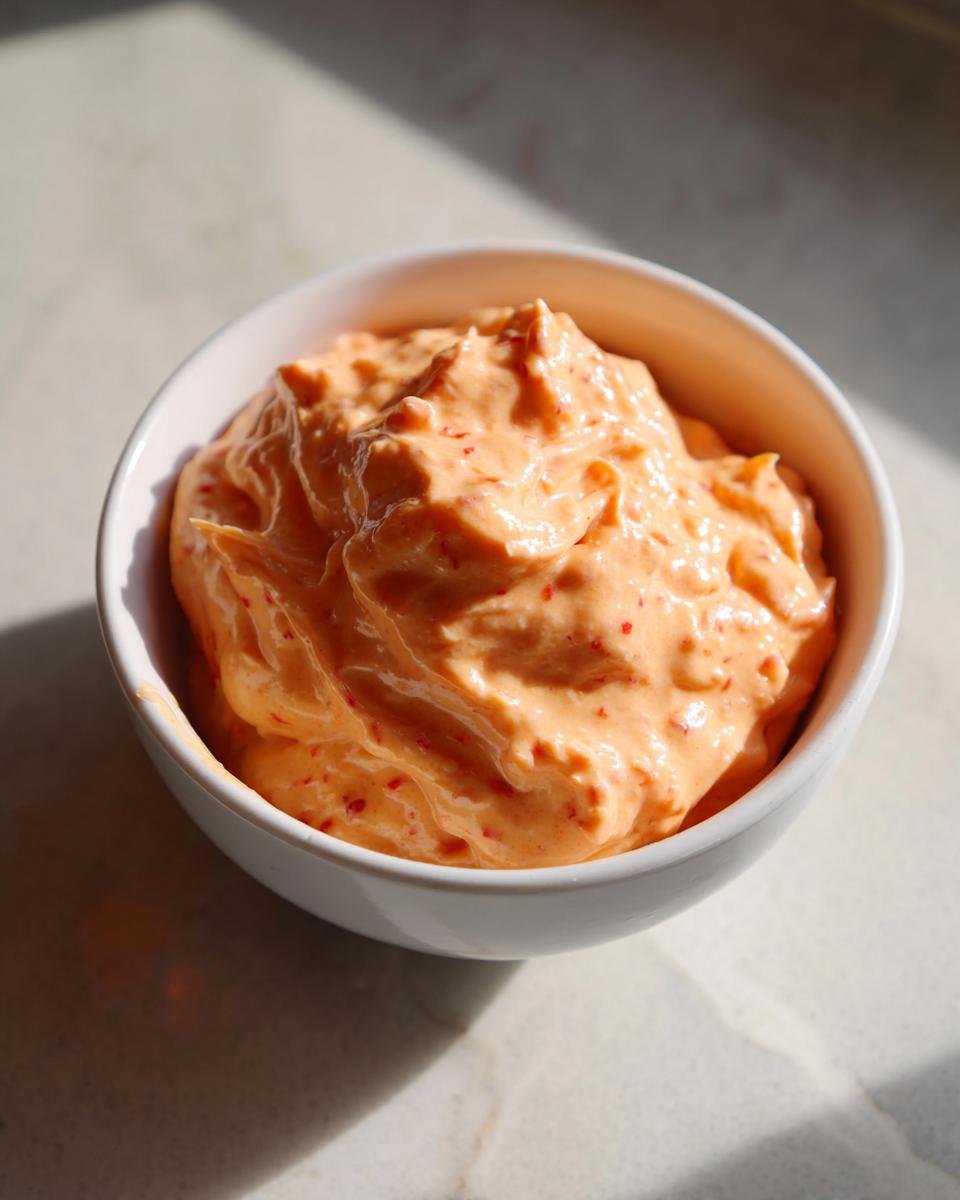A close-up of creamy, orange-colored burger sauce with red flecks, served in a small white bowl.