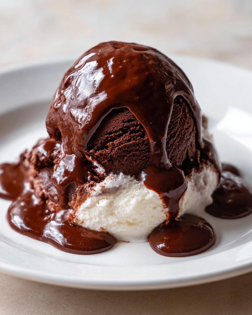 Scoops of vanilla and chocolate ice cream smothered in a thick, glossy chocolate sauce recipe.