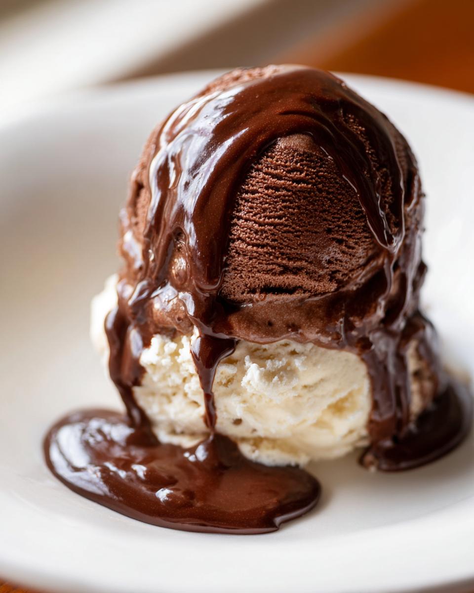 Two scoops of ice cream, one chocolate and one vanilla, covered in rich, glossy chocolate sauce recipe.