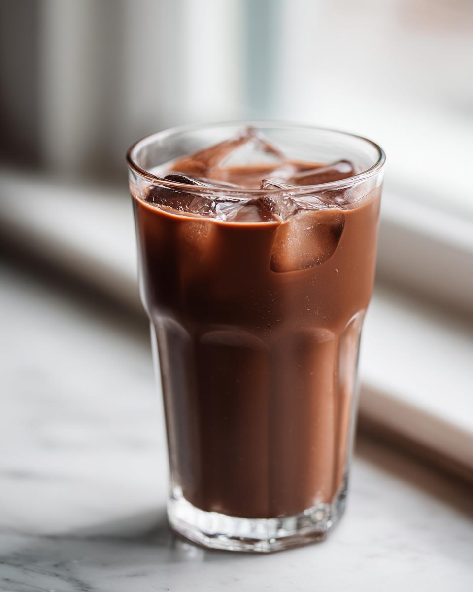 A tall glass filled with rich, cold chocolate milk and ice cubes, sitting on a white marble surface.