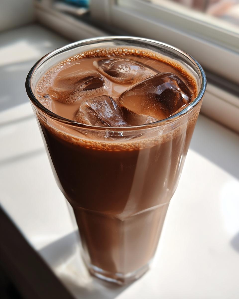 A tall glass filled with rich, iced chocolate milk sitting on a bright white surface near a window.