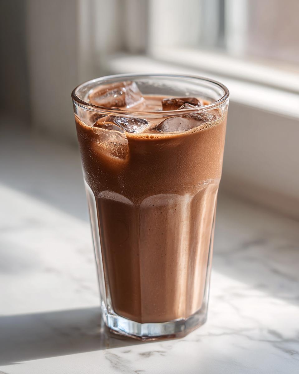 A tall glass filled with rich, iced chocolate milk sitting on a bright marble surface near a window.