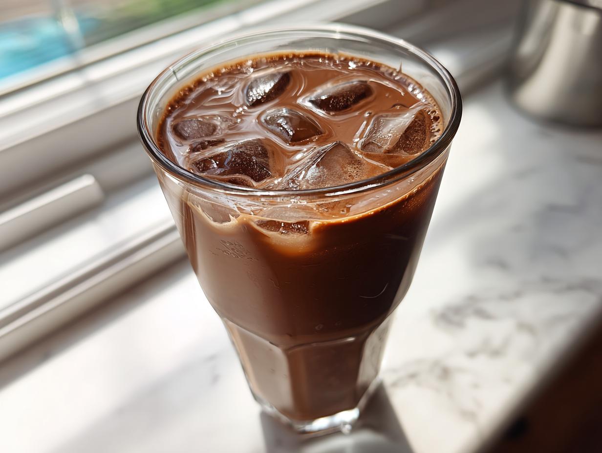 A tall glass filled with rich, iced chocolate milk sitting on a bright, sunlit marble counter.