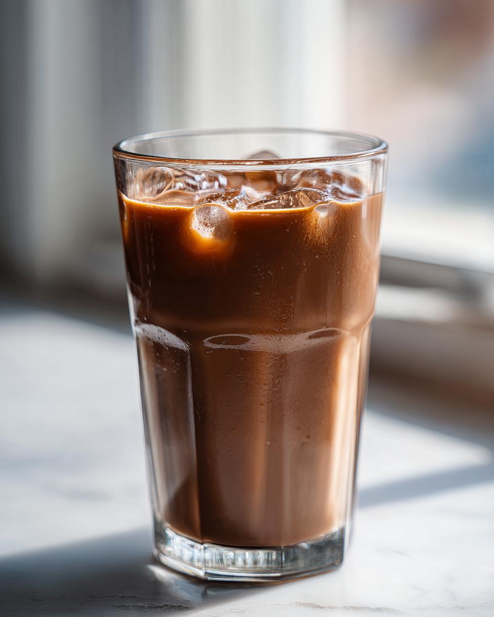 A tall glass filled with rich, cold chocolate milk and ice cubes, sitting on a bright surface.