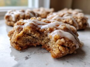 A close-up of a soft coffee cake cookie with a bite taken out, revealing a crumbly interior and drizzled with white glaze.