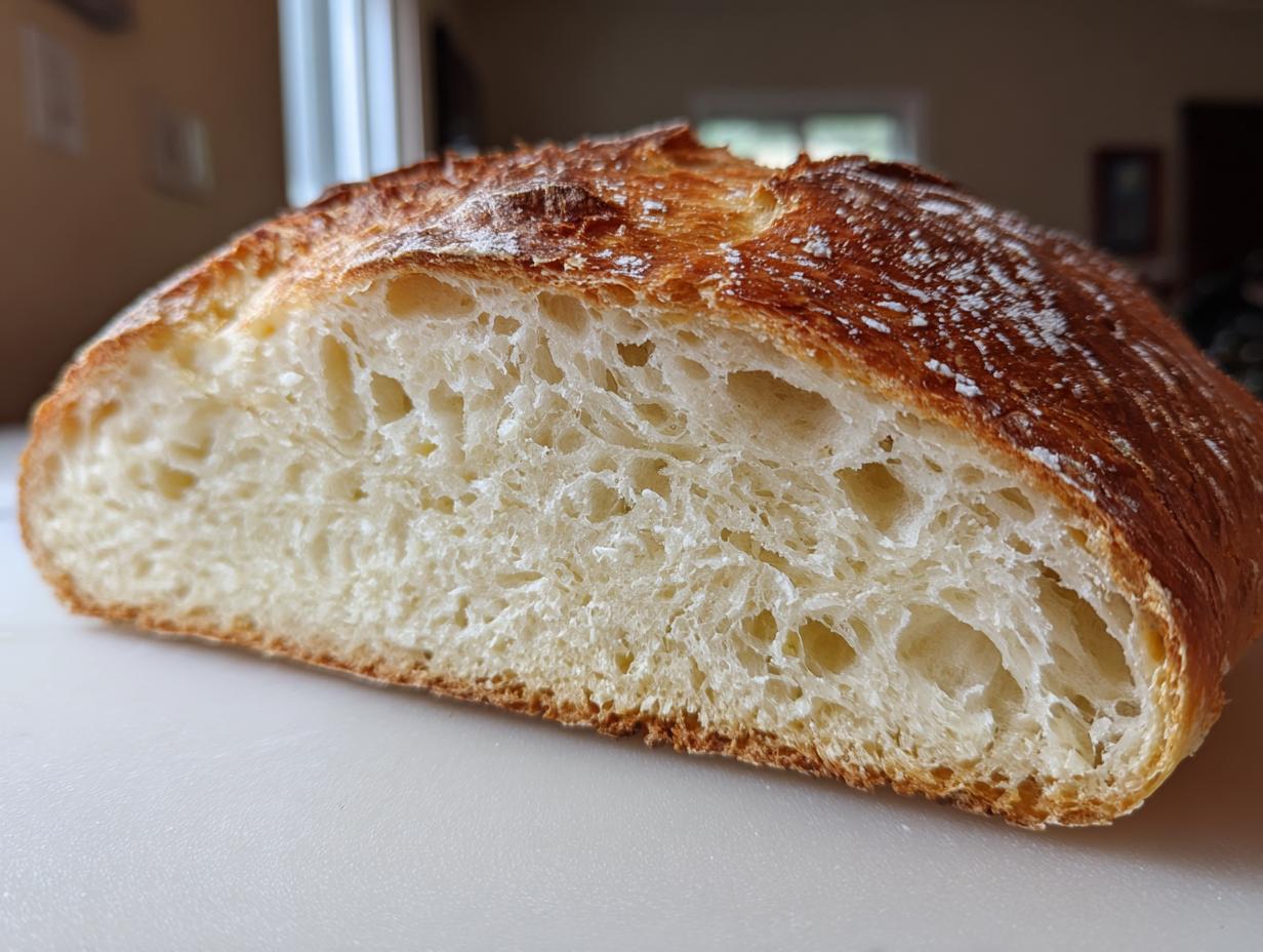 Cross-section view of a freshly baked Italian bread loaf showing a golden crust and an open, airy crumb structure.