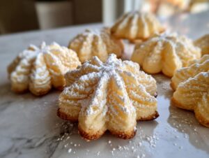 Close-up of freshly baked Italian butter cookies shaped like flowers and dusted heavily with powdered sugar.