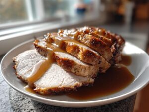 Slices of juicy crockpot turkey breast covered in rich brown gravy on a white plate.