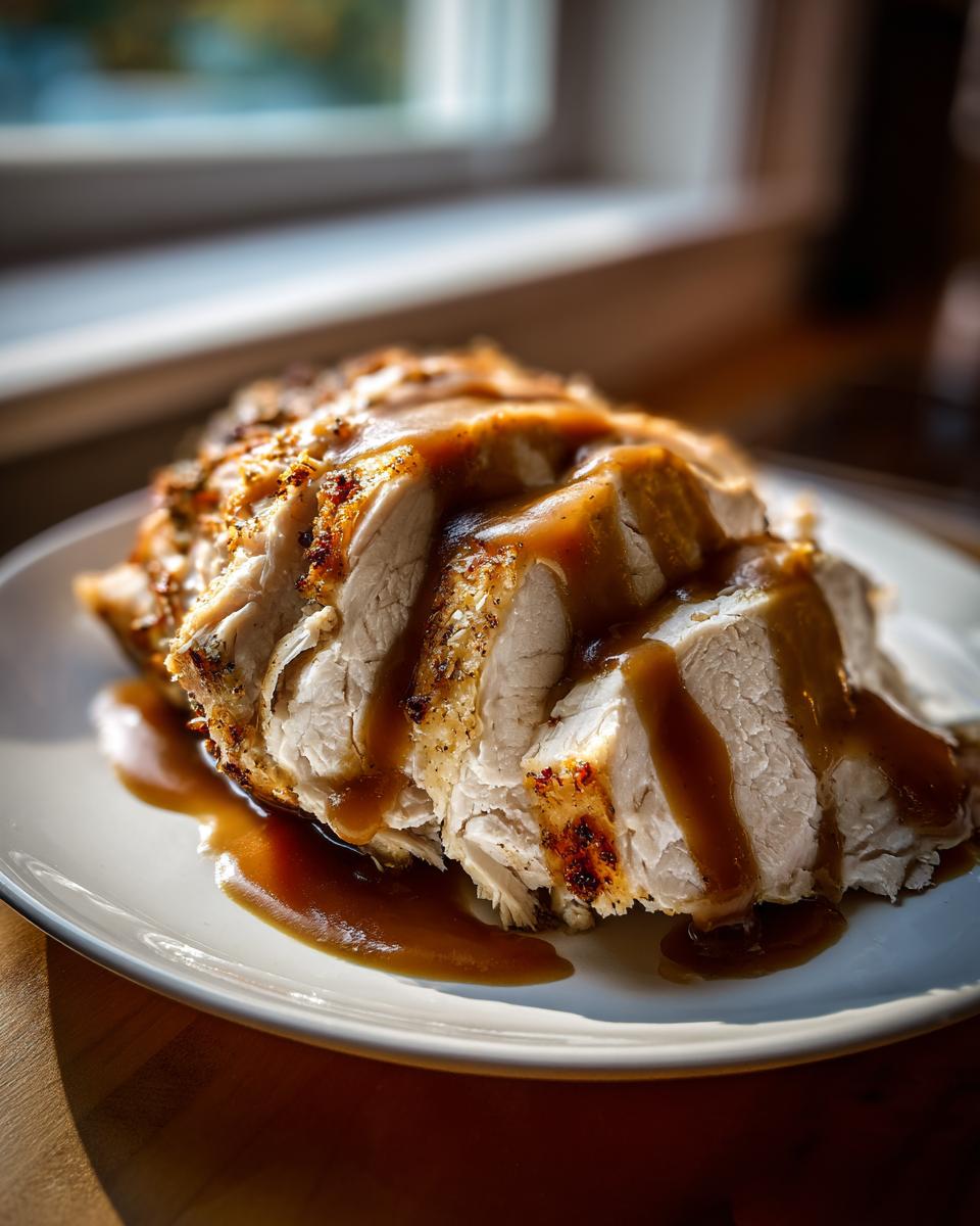 Close-up of sliced, seasoned crockpot turkey breast generously covered in rich brown gravy on a white plate.