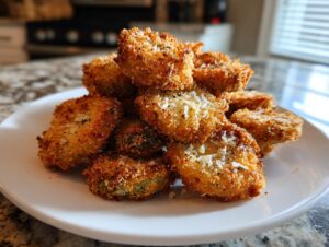 A mound of crispy, golden brown Fried Pickles sprinkled with Parmesan cheese, served on a white plate.