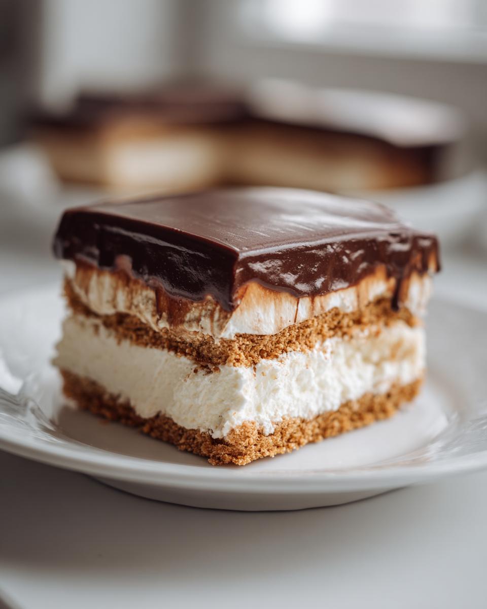 A close-up of a single serving slice of eclair cake showing layers of graham crackers, cream filling, and rich chocolate topping.