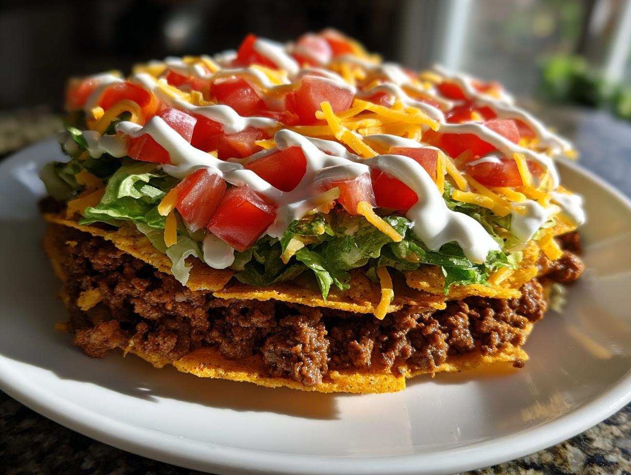 Close-up of a delicious layered taco salad featuring seasoned beef, lettuce, cheese, tomatoes, and sour cream drizzle.