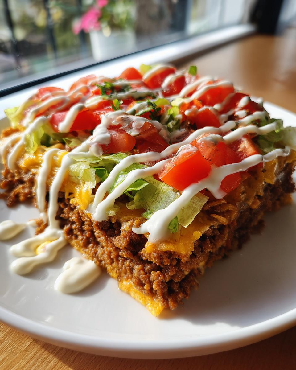 A thick, layered slice of taco salad featuring seasoned ground beef, cheese, lettuce, tomatoes, and sour cream drizzle.