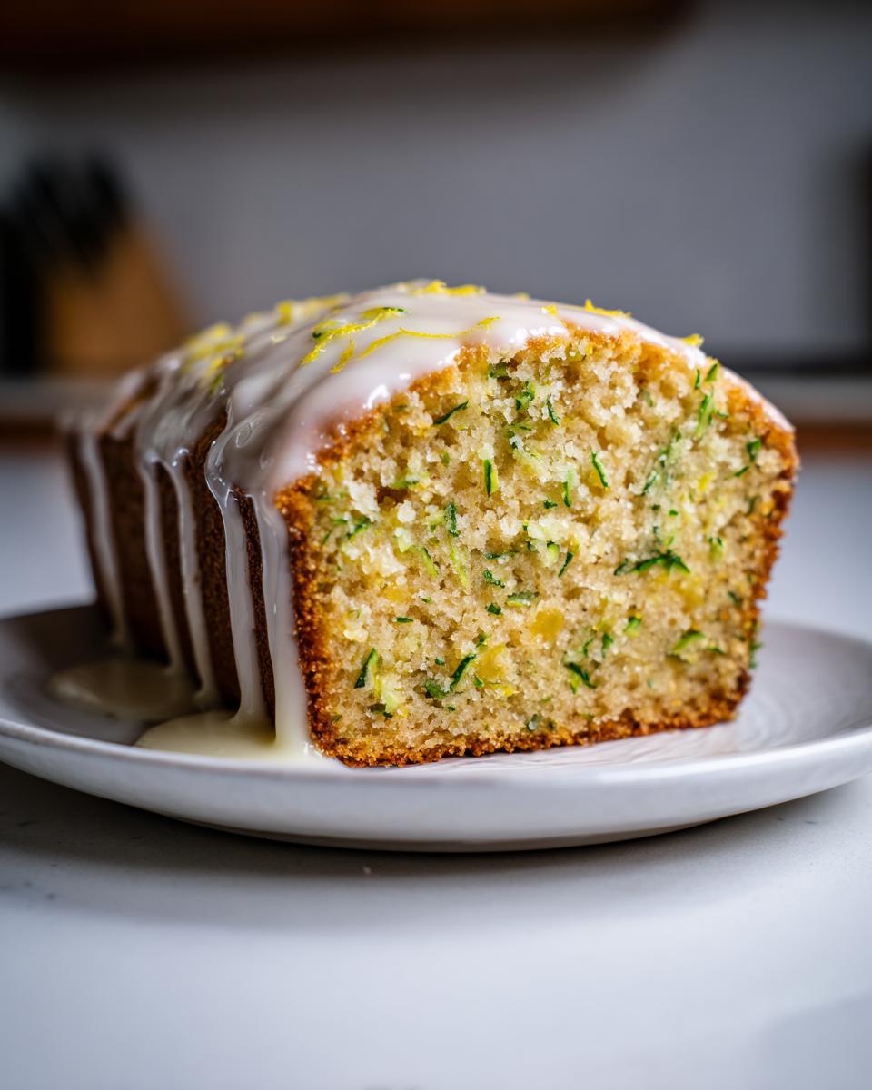 A close-up of a slice of moist lemon zucchini bread topped with thick white glaze and lemon zest.
