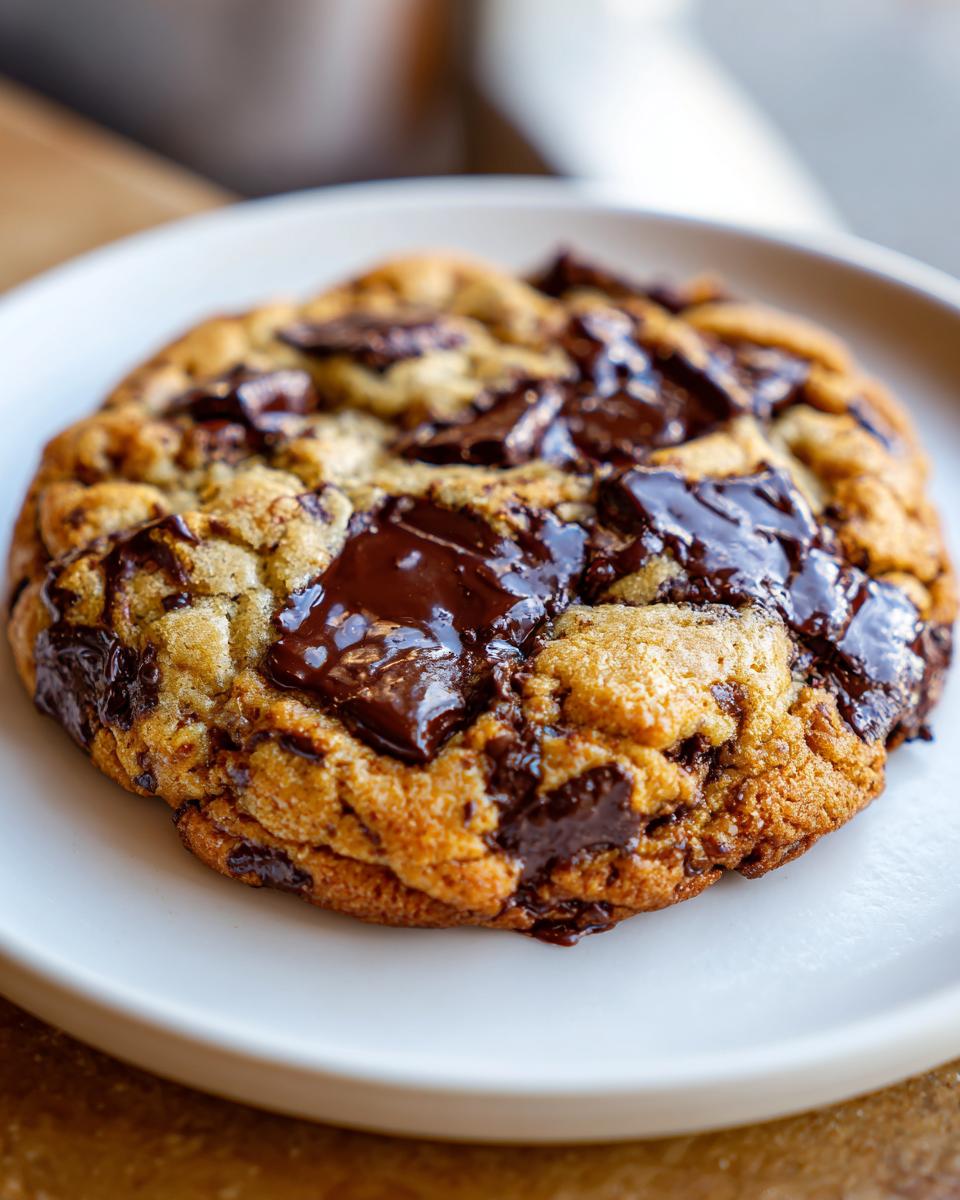 Close-up of a thick, gooey levain bakery chocolate chip cookie with melted dark chocolate chunks on a white plate.