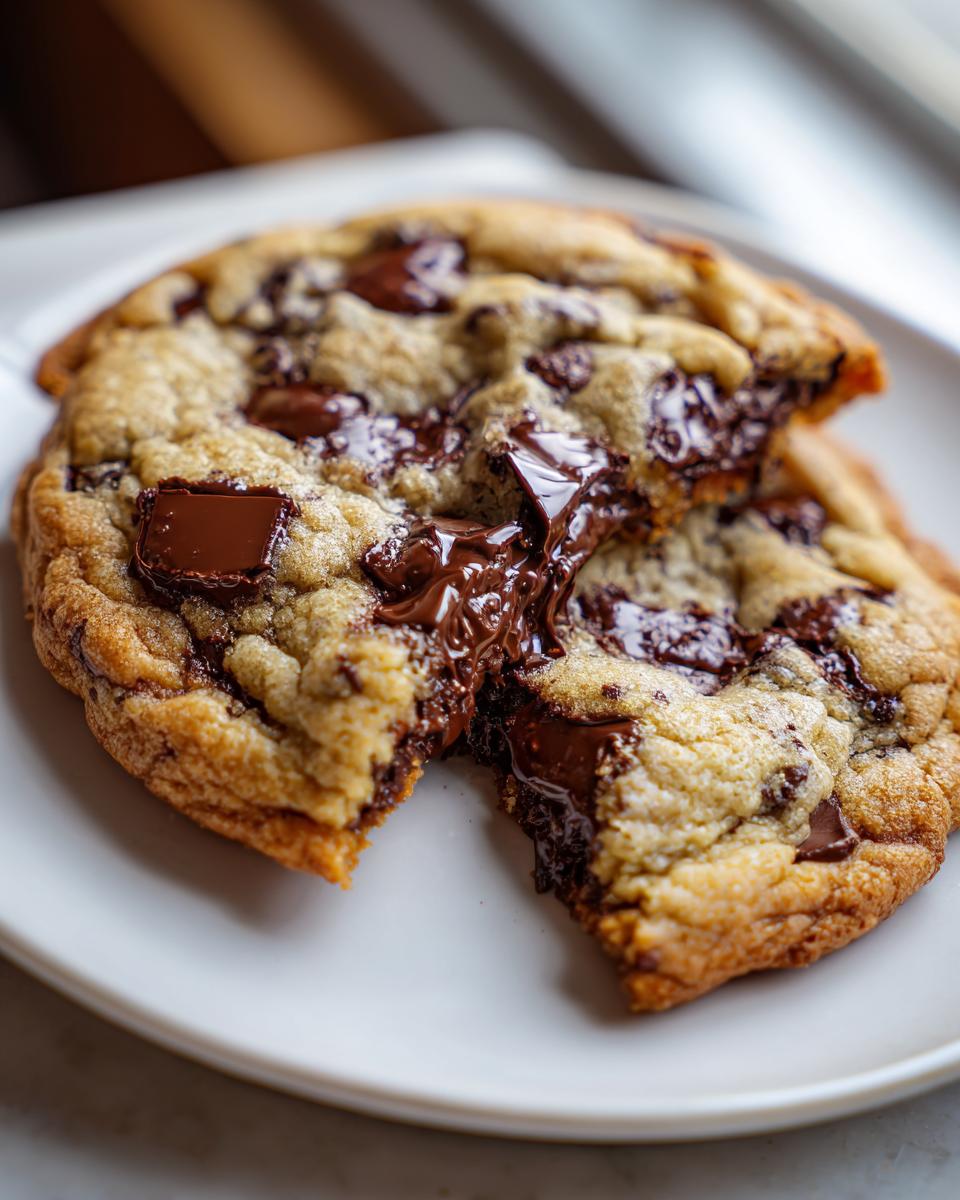Close-up of a giant levain bakery chocolate chip cookie broken in half, showing gooey, melted chocolate chips.