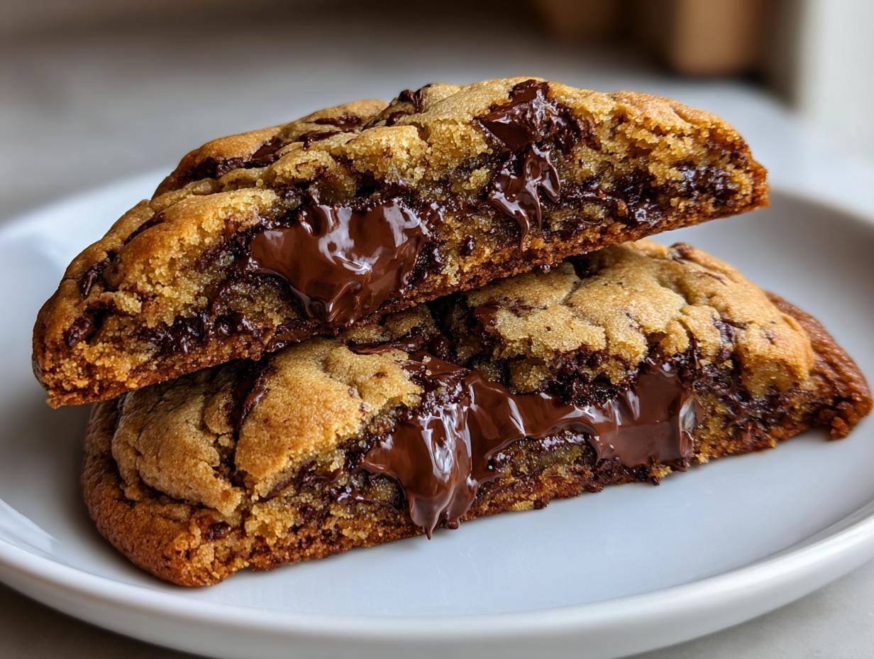 Close-up of a levain bakery chocolate chip cookies cut in half showing gooey, melted chocolate center.