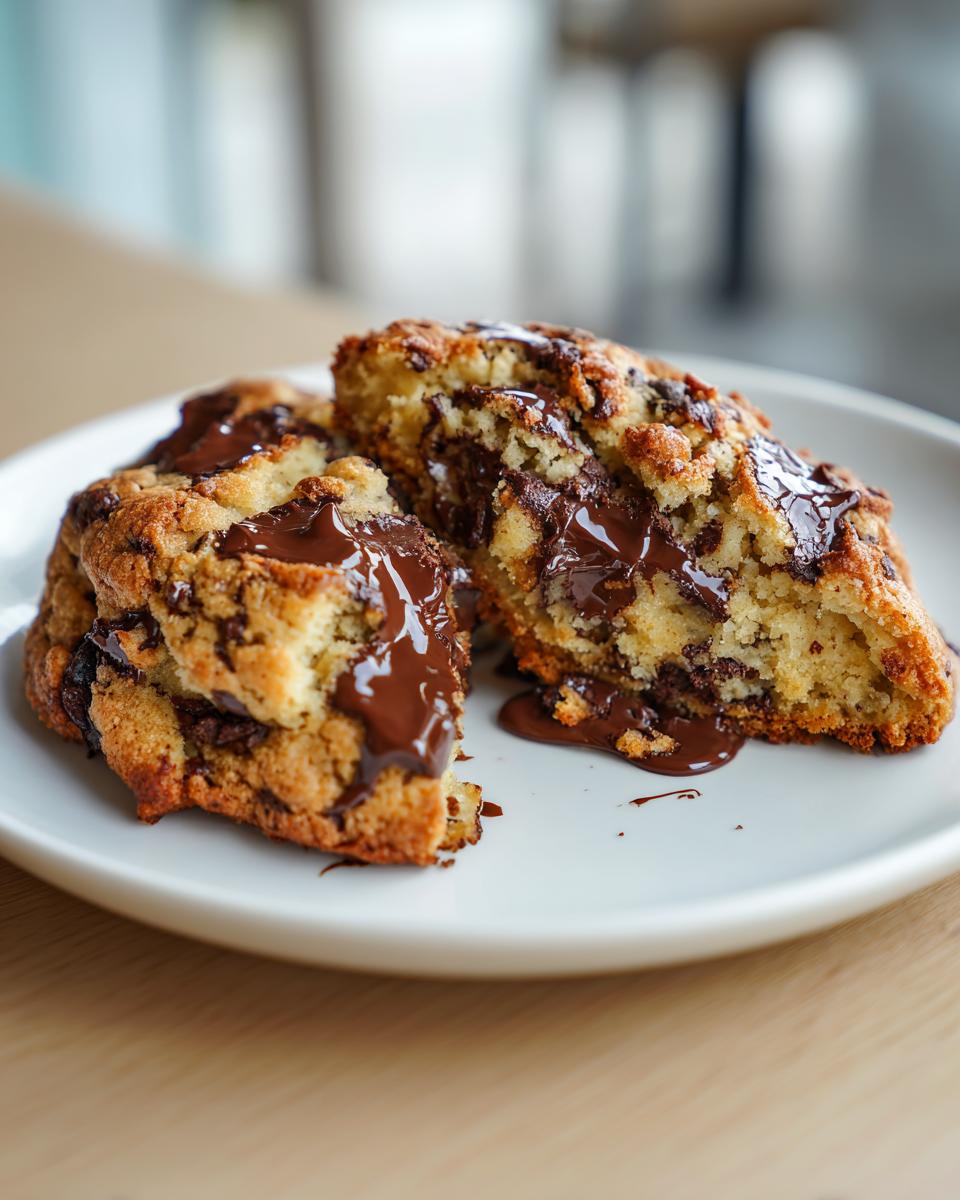 Two halves of a thick levain bakery chocolate chip cookie, split open to show gooey melted chocolate.