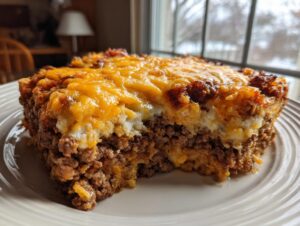 A hearty slice of meatloaf casserole featuring layers of ground meat and a thick topping of melted cheddar cheese.