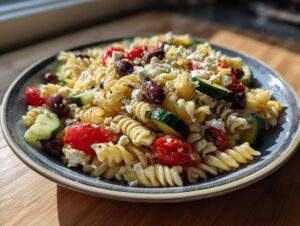 A vibrant bowl of mediterranean pasta salad featuring rotini pasta, cucumber slices, tomatoes, Kalamata olives, and crumbled feta cheese.