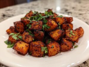 A close-up of perfectly seasoned and roasted Mexican potatoes piled high on a white plate, garnished with fresh cilantro.