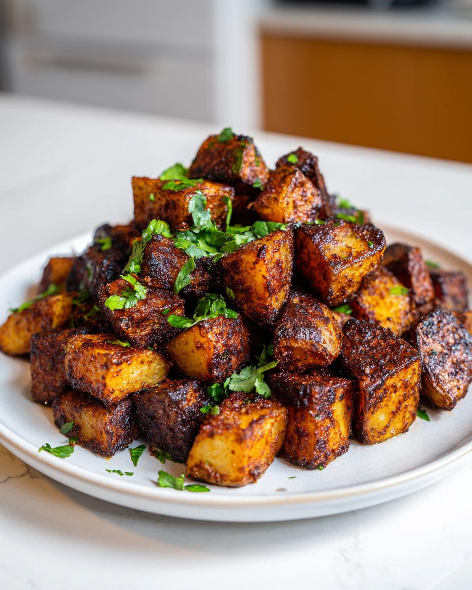 A mound of perfectly roasted Mexican potatoes seasoned with dark spices and topped with fresh cilantro.
