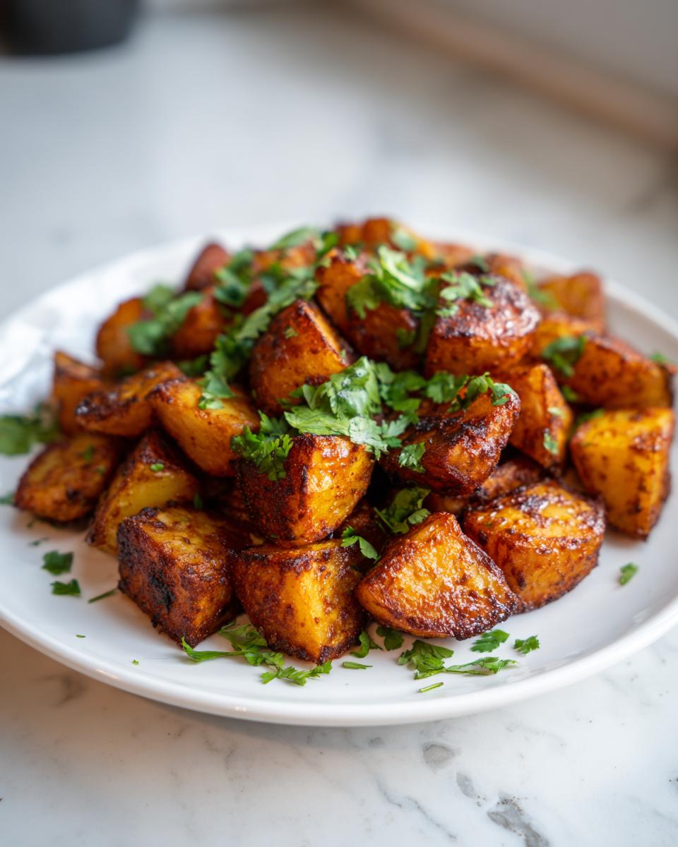 A close-up of crispy, seasoned Mexican potatoes piled high on a white plate and garnished with fresh cilantro.