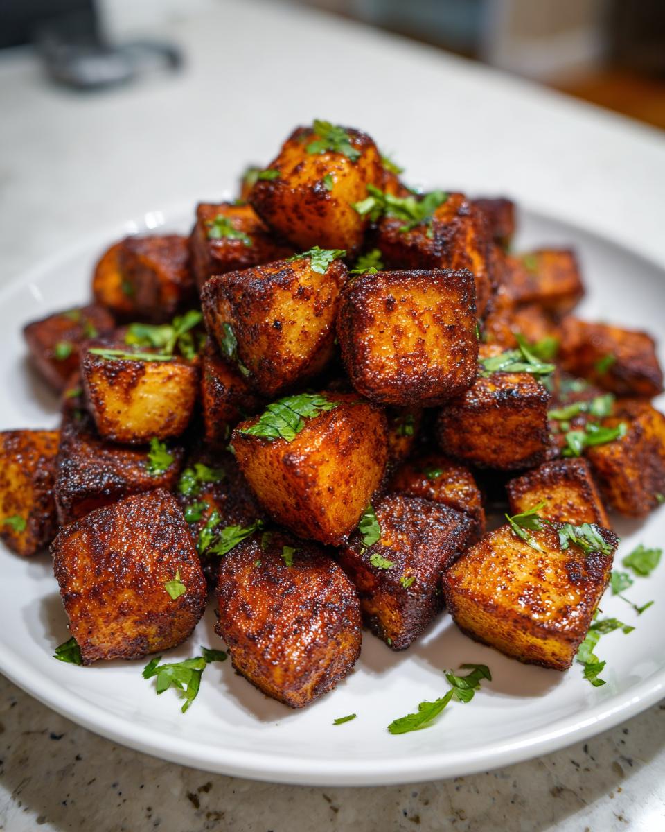 A mound of crispy, spiced Mexican potatoes garnished with fresh cilantro on a white plate.